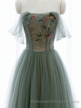 A-Line Green Tulle Long Semi Formal Prom Dress, Off the Shoulder Evening Party Dress